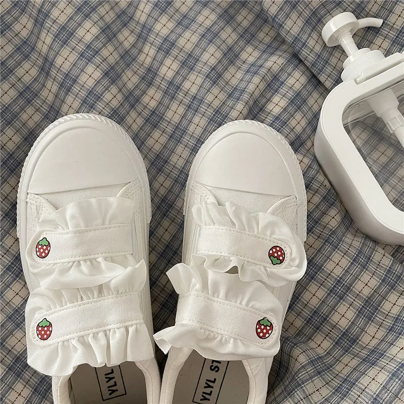 Advbridge Kawaii Strawberry Print Women's Espadrilles Japanese Style Zapatillas Mujer Hook Loop Canvas Sneakers Casual White Lolita Shoes