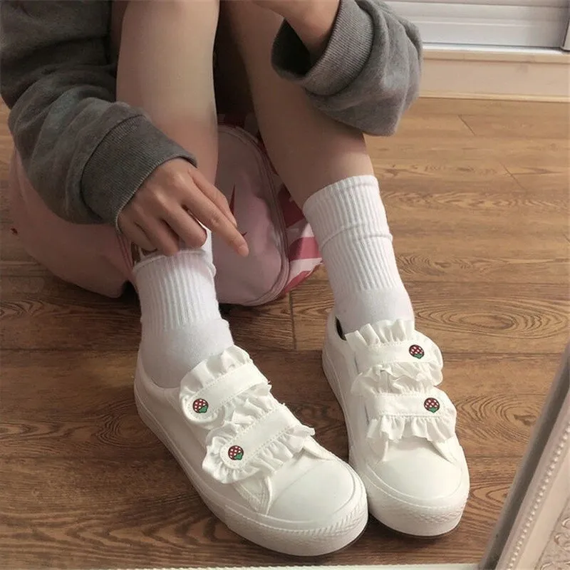 Advbridge Kawaii Strawberry Print Women's Espadrilles Japanese Style Zapatillas Mujer Hook Loop Canvas Sneakers Casual White Lolita Shoes