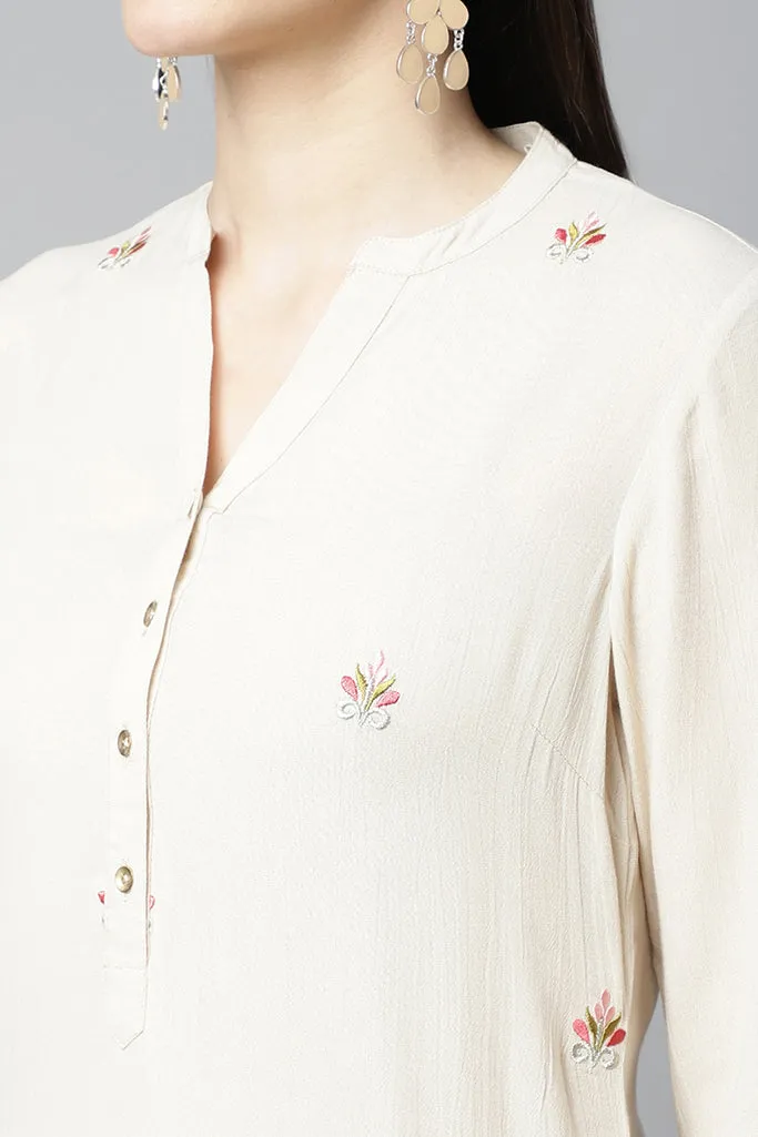 Beige Emb Straight Kurta
