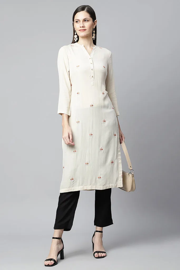 Beige Emb Straight Kurta