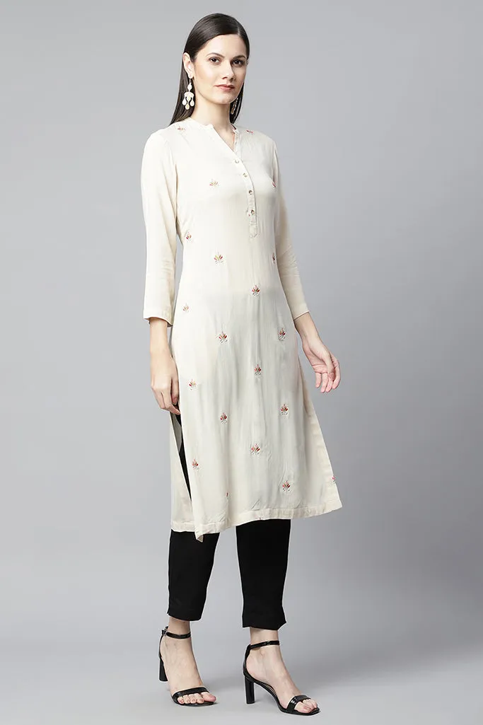 Beige Emb Straight Kurta