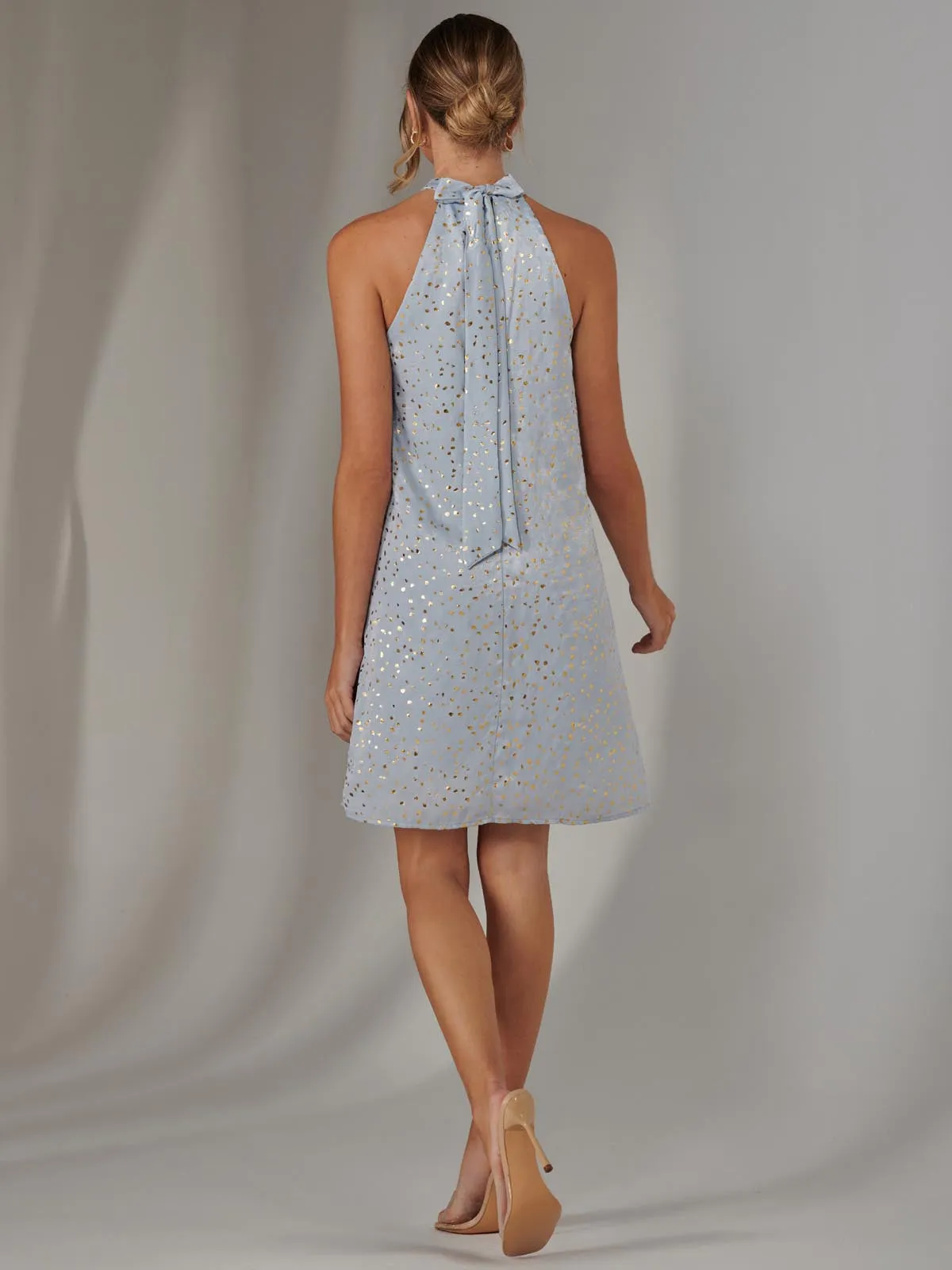 Halter Neck Tie Mini Dress, Light Blue