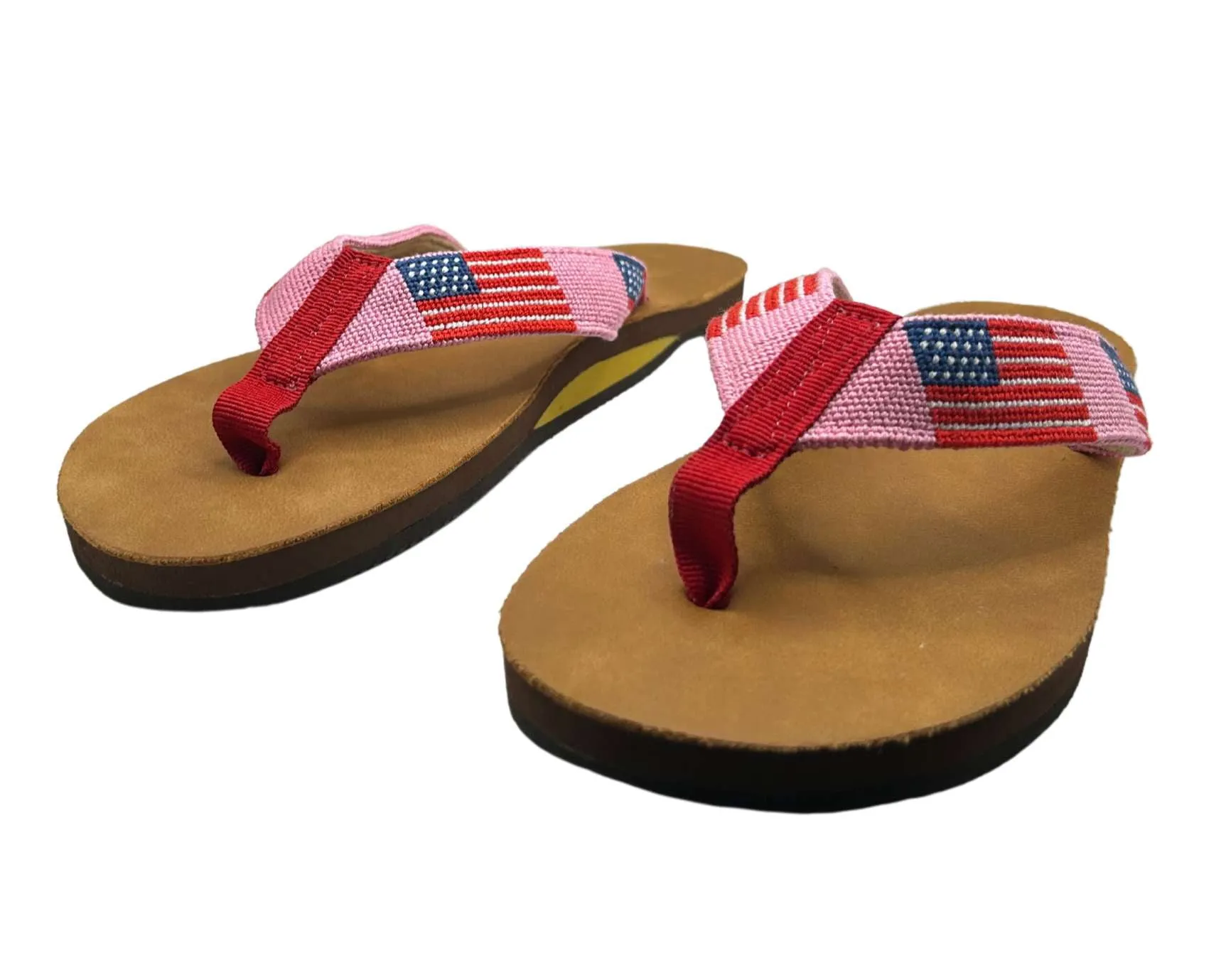 Needlepoint Flip Flops-  Hand stitched Needlepoint Women's Pink Flag /Baldwin Belts
