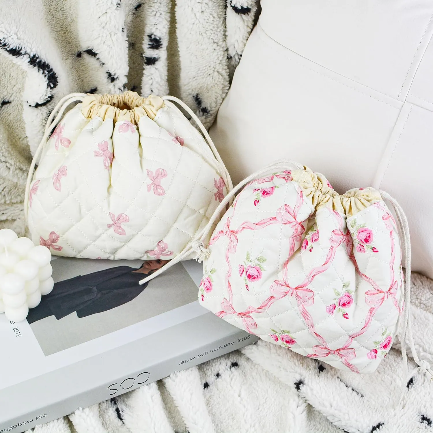 Quilted Makeup Bag for Women, Coquette Aesthetic Cosmetic Bag, Cute Travel Toiletry Bag, Cotton Drawstring Pouch for Women and Girls