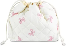 Quilted Makeup Bag for Women, Coquette Aesthetic Cosmetic Bag, Cute Travel Toiletry Bag, Cotton Drawstring Pouch for Women and Girls